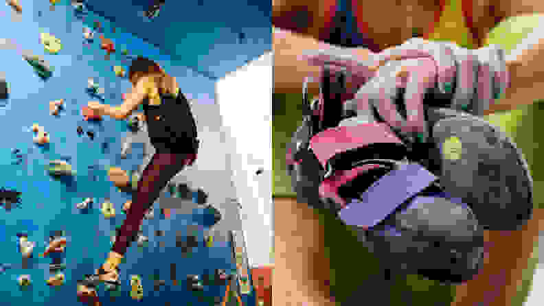 left: woman climbing at climbing gym. right: woman holding climbing shoes.