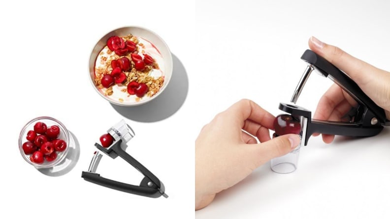 Two photographs demonstrate a cherry-pitter tool that helps make for easy, healthy snacking.