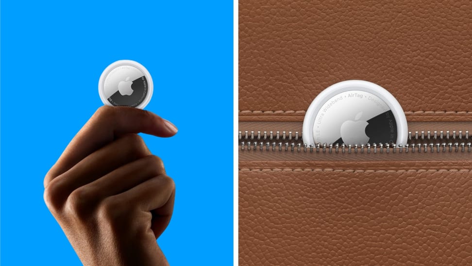 An Apple AirTag being held by a hand next to an Apple AirTag sticking out of a zipper pocket.
