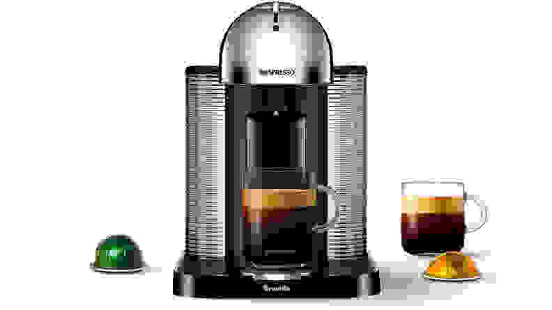 A silver Nespresso Vertuo single-serve coffee maker.