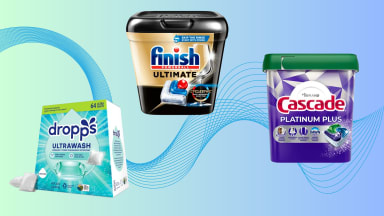 Dishwasher pods from Dropps, Cascade, and Finish on a green and blue ombre background