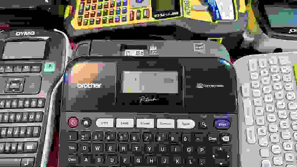 A collection of label makers displayed on a tabletop