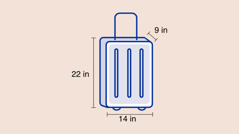 Diagram of a carry-on suitcase on a peach background with dimensions showing 9 x 22 x 14 inches.