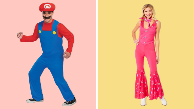 A man in a Super Mario costume on a pink background and a woman in a Barbie costume on a yellow background.