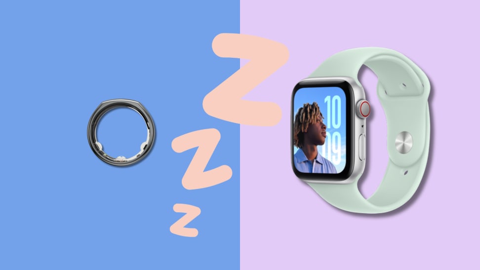An Oura ring and an Apple Watch sit on a dual-tone background with ZZZs