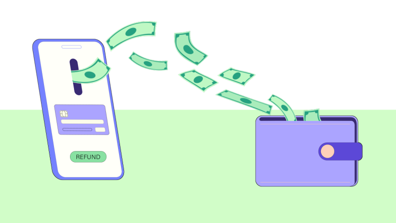 Cartoon graphic of money flowing from smartphone back into wallet.