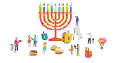 An illustration of a people with a menorah, dreidels, and baked sweets.