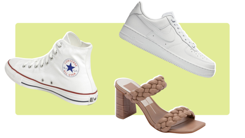 A pair of white Converse sneakers, a pair of white Nike Air Forces, and a braided brown mule.