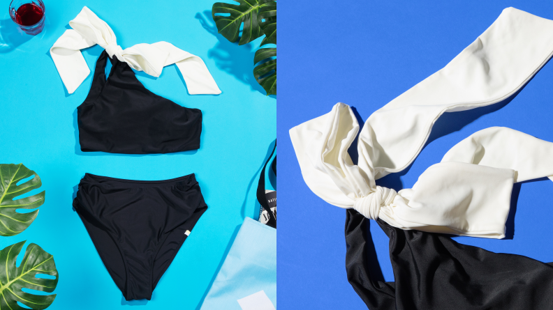 A black bikini against a blue background. On the right is a detail shot of the white bow on the shoulder of the bathing suit.