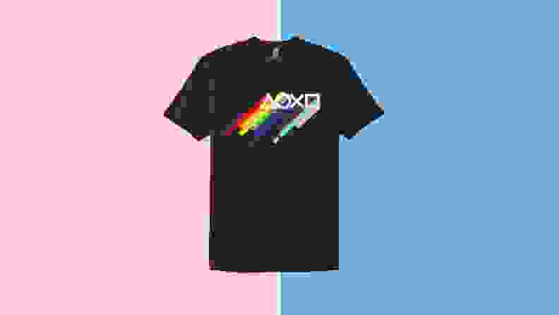 A black T-Shirt with a Pride design featuring the PlayStation buttons symbols.