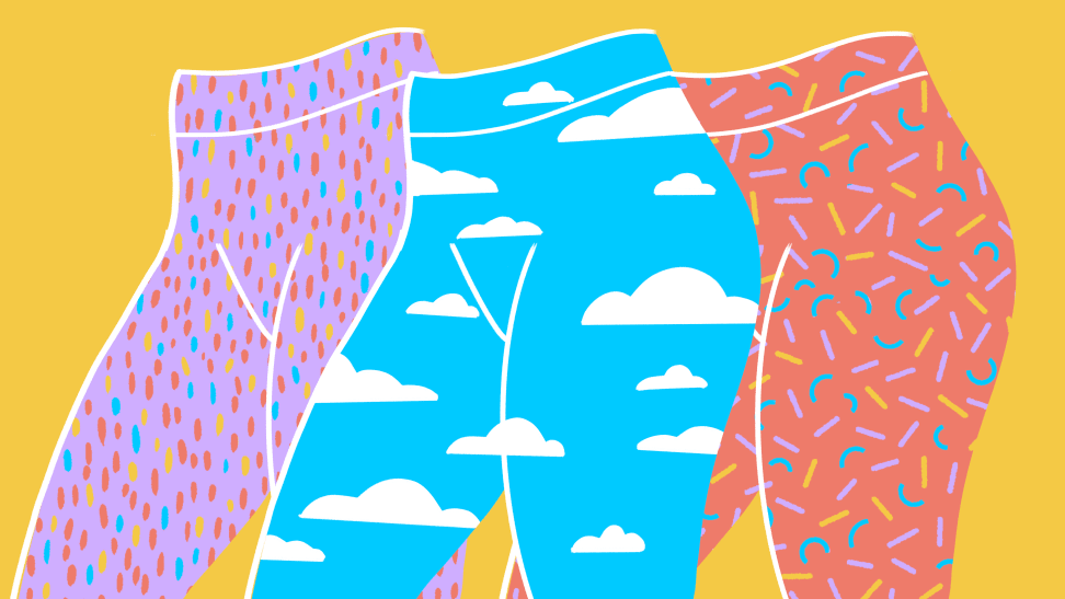 An illustration of three pairs of wild-patterned workout leggings