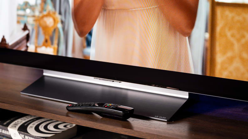 A close-up of the LG C2's pedestal stand