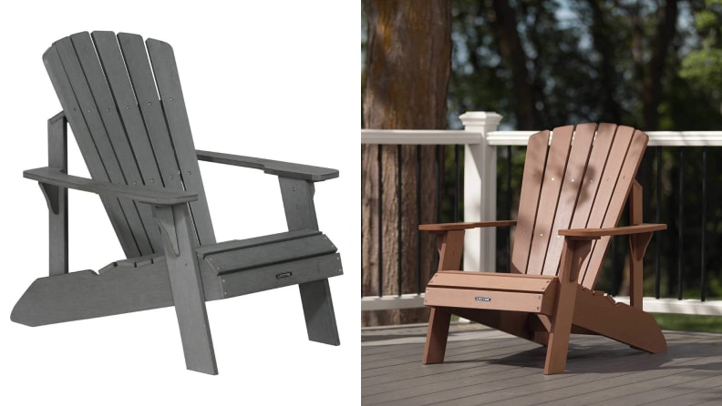a gray Adirondack chair, next to a brown Adirondack chair on a deck