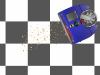 The Dyson Vis Nav sucks up graphic crumbs on a graphic checkerboard floor