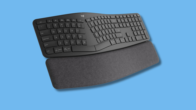 The Logitech ERGO K860 is on a blue background.