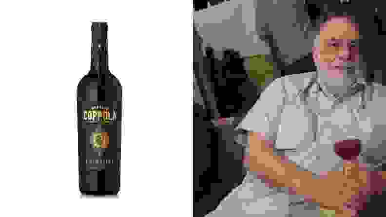 On the left is a bottle of Francis Ford Coppola's Diamond Collection Cabernet. To the right, the celebrated director enjoys a glass of his own red wine.