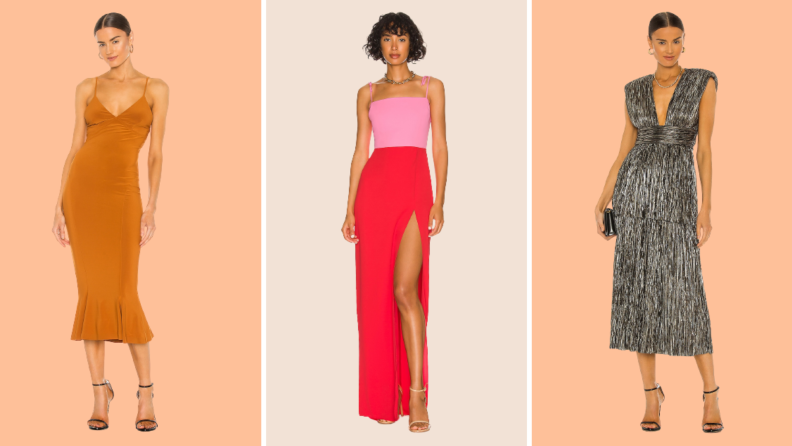 Collage image of an orange midi dress, a red and pink gown, and a metallic dress.