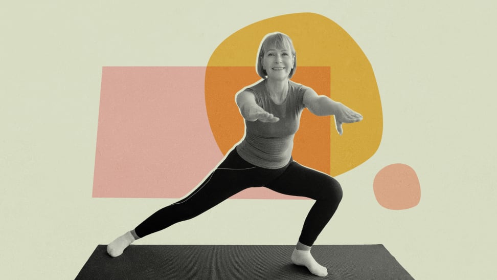 In grayscale color, a senior-age woman practices a standing yoga pose on a colorful background