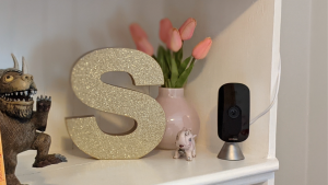 Ecobee SmartCamera next pink flowers and gold decorative letter "S," sitting on shelf.