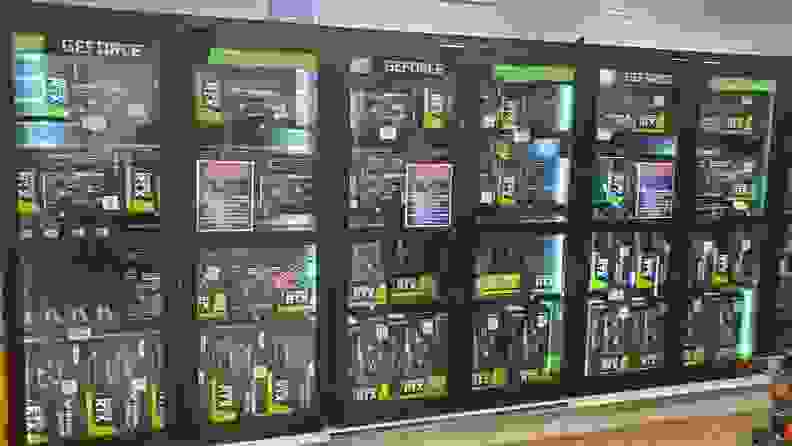 A store aisle with graphics cards on display.