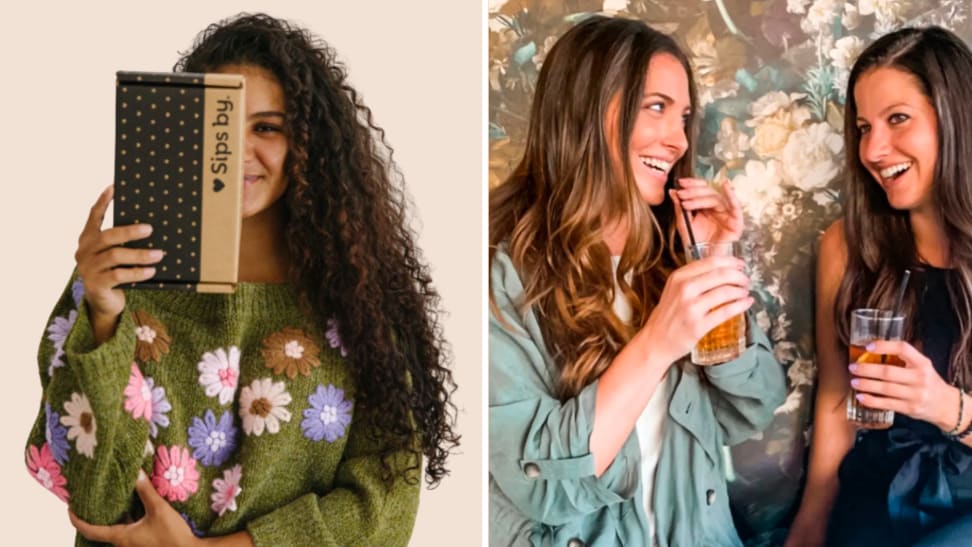 Photo of a woman holding a Sips by tea subscription box next to a photo of two women drinking tea.