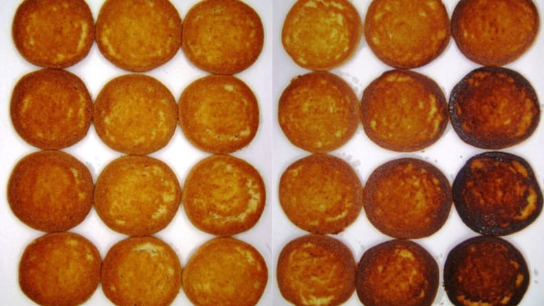 Side by side photos of two trays of sugar cookies with all cookies turned over to reveal the doneness of their backsides.