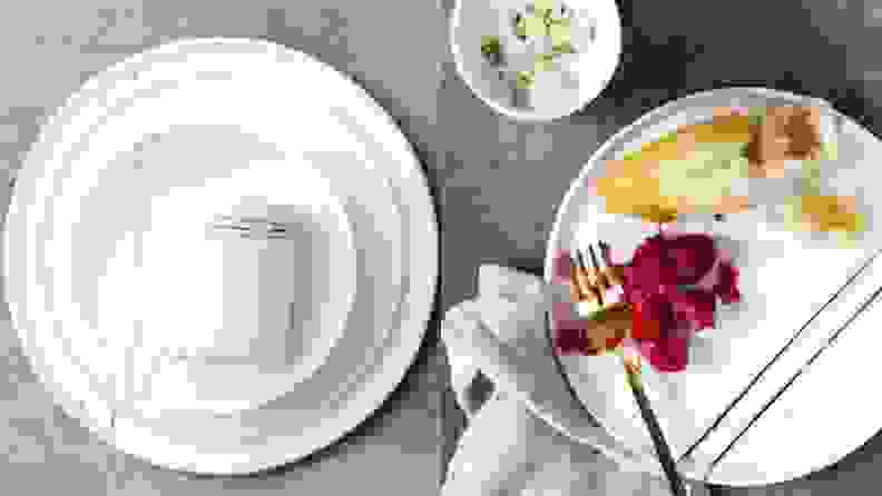 White plates with two gold lines stacked and at a place setting with bread and raspberries.