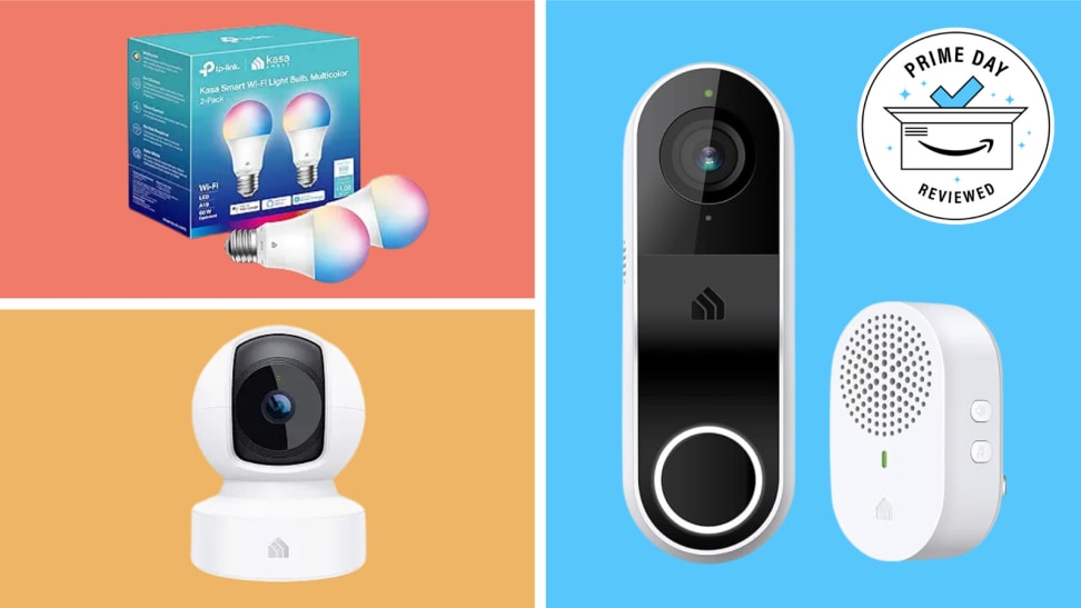 An image of a set of Kasa smart light bulbs, a Kasa smart camera in white on a stand, and a Kasa smart doorbell with a camera and speaker.