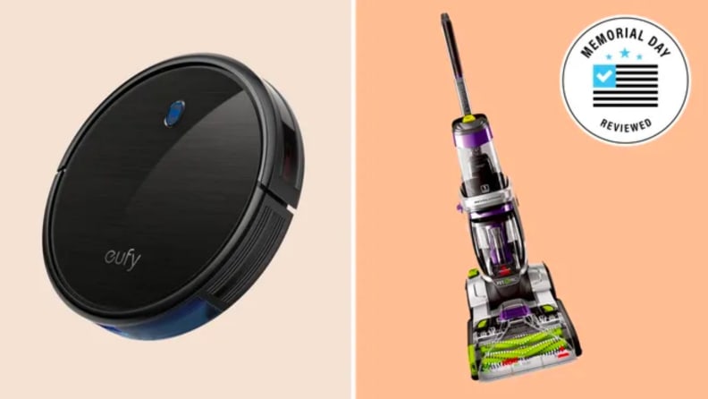 A eufy robot vacuum shown next to a upright vacuum cleaner.