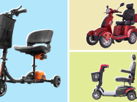 The SuperHandy, Lagtom, and Buzzaround mobility scooters in a three-panel inage