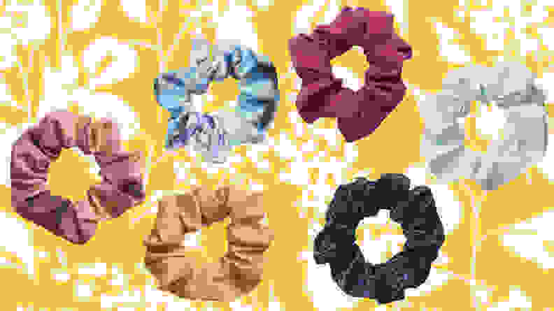 Scrunchies on yellow tropical background