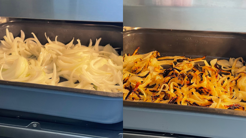 A collage of raw onions and cooked onions that have been prepared inside of the Ninja Combi Multicooker.