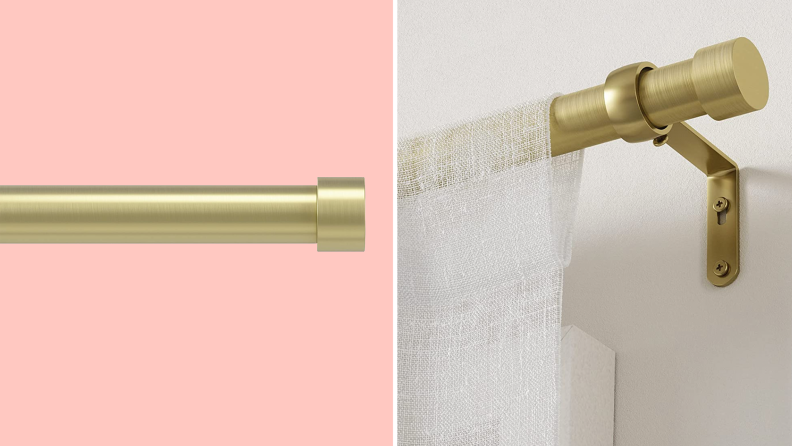 On left, gold curtain rod. On right, sheer curtain being held up by gold curtain rod mounted on wall.