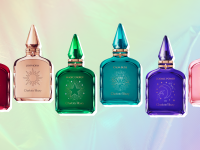 Collage of six Charlotte Tilbury perfumes from the Fragrance Collection of Emotions line against a rainbow-colored background.