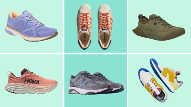 Six pairs of sneakers in various colors and shown from different angles.