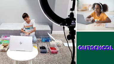 On left, small child working with colorful assembly blocks. On top right, small child smiling while wearing headphones and working on homework in front of laptop computer. On bottom right, Outschool logo.