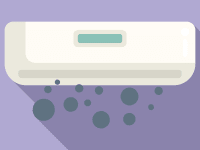 An illustration of a dehumidifier on a purple background with green bubbles