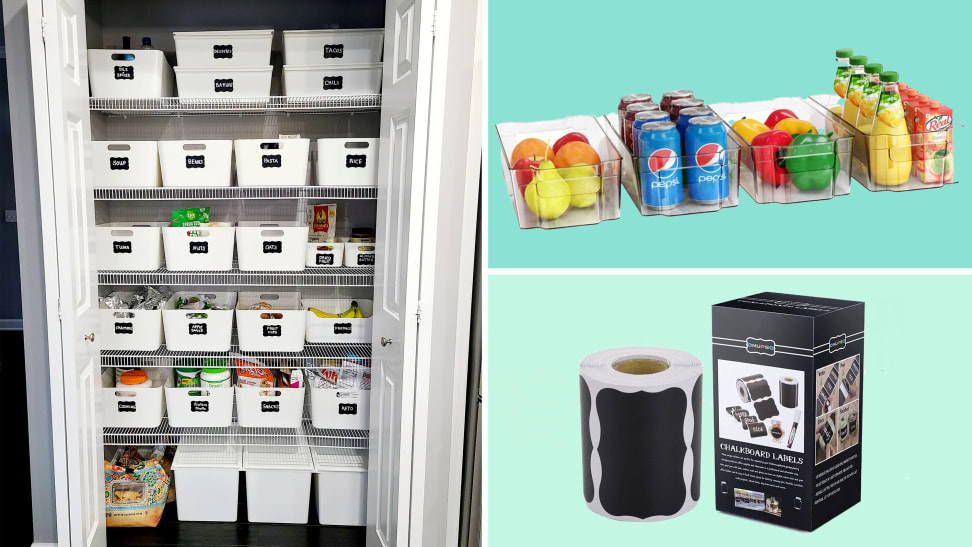 On left, well organization pantry with white storage bins on each shelf. On right, clear fridge shelf organizers and black chalkboard labels.