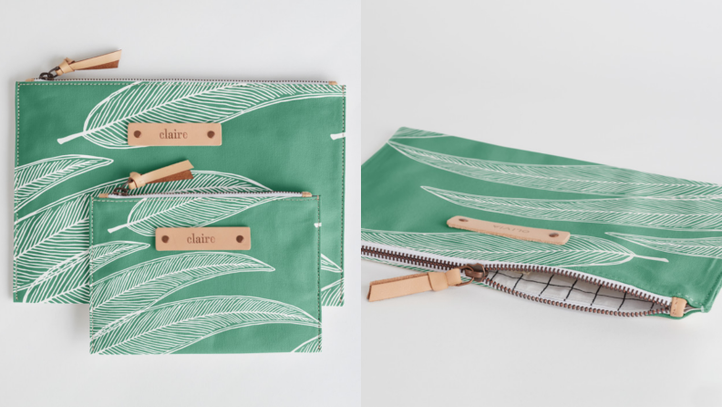 An image of two pouches in green leaf print next to an image of one of the pouches on its side, open to reveal the white and black check lining.