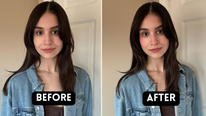 Two portraits of a woman with dark brown hair wearing makeup.