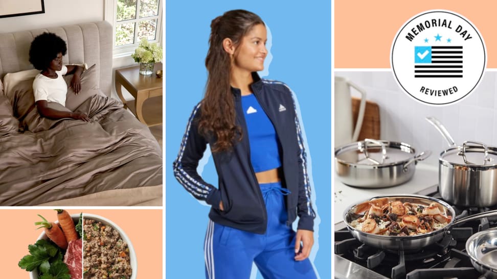 A colorful collage Cuisinart cookware, a bowl of fresh dog food, a person wearing an adidas tracksuit, and a person laying in bed with Cozy Earth bedding.