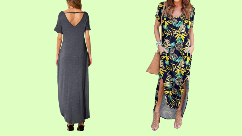 A long dress in gray and a print.