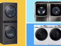 Three washer dryer sets sit on a colorblock background of yellow, aqua and blue.