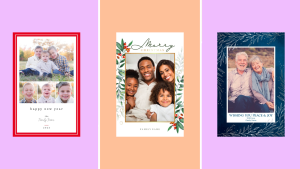 An image of three different holiday cards, including a New Year's card, a Christmas card, and a Hanukkah card.