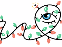 An illustration of a string of lights with one broken light being inspected by an eye.