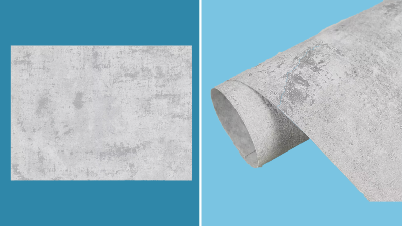 Photo collage of rectangular square of faux concrete wallpaper next to entire roll.