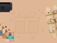 A Nintendo Switch, leather shoulder pads and Dr Squatch soap on an image with a beige background