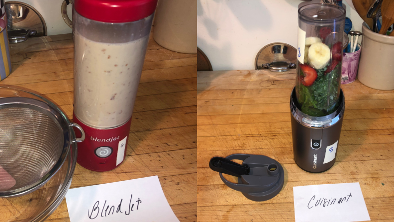 Left: the BlendJet 2 filled with blended smoothie next to a mesh strainer. Right: the Cuisinart Evolution X filled with green smoothie ingredients.