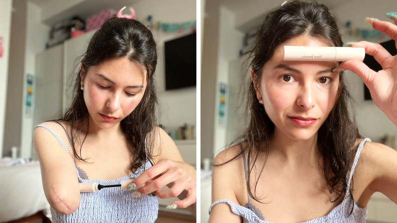 The writer opening tube of Rare Beauty mascara (left) and holding the closed tube in front of her forehead (right).