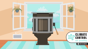 Illustration of a home with an air purifier in the middle of a room.